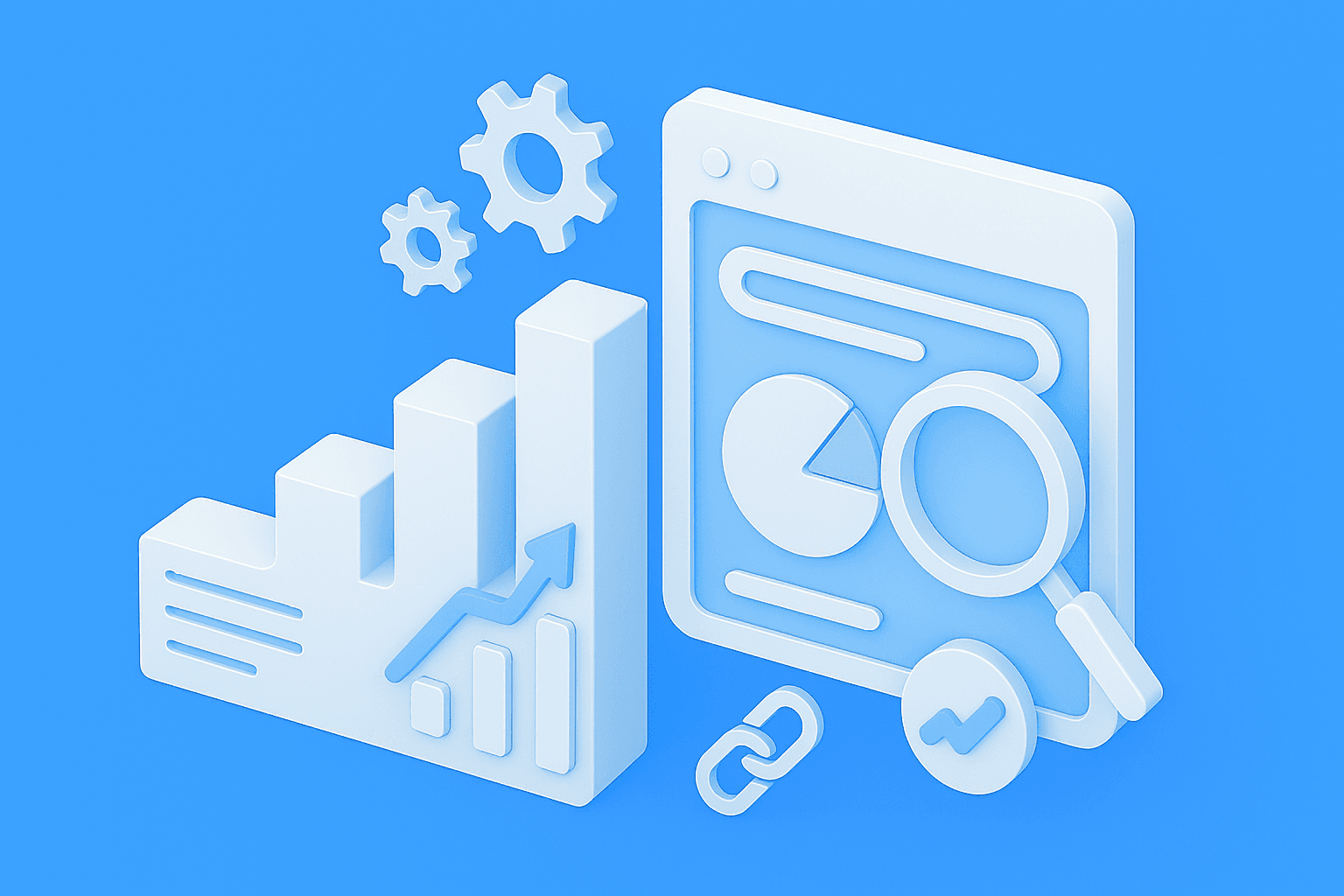 Ілюстрація сайту, що піднімається в пошуковій видачі з елементами SEO — ключовими словами, зворотними посиланнями та аналітикою